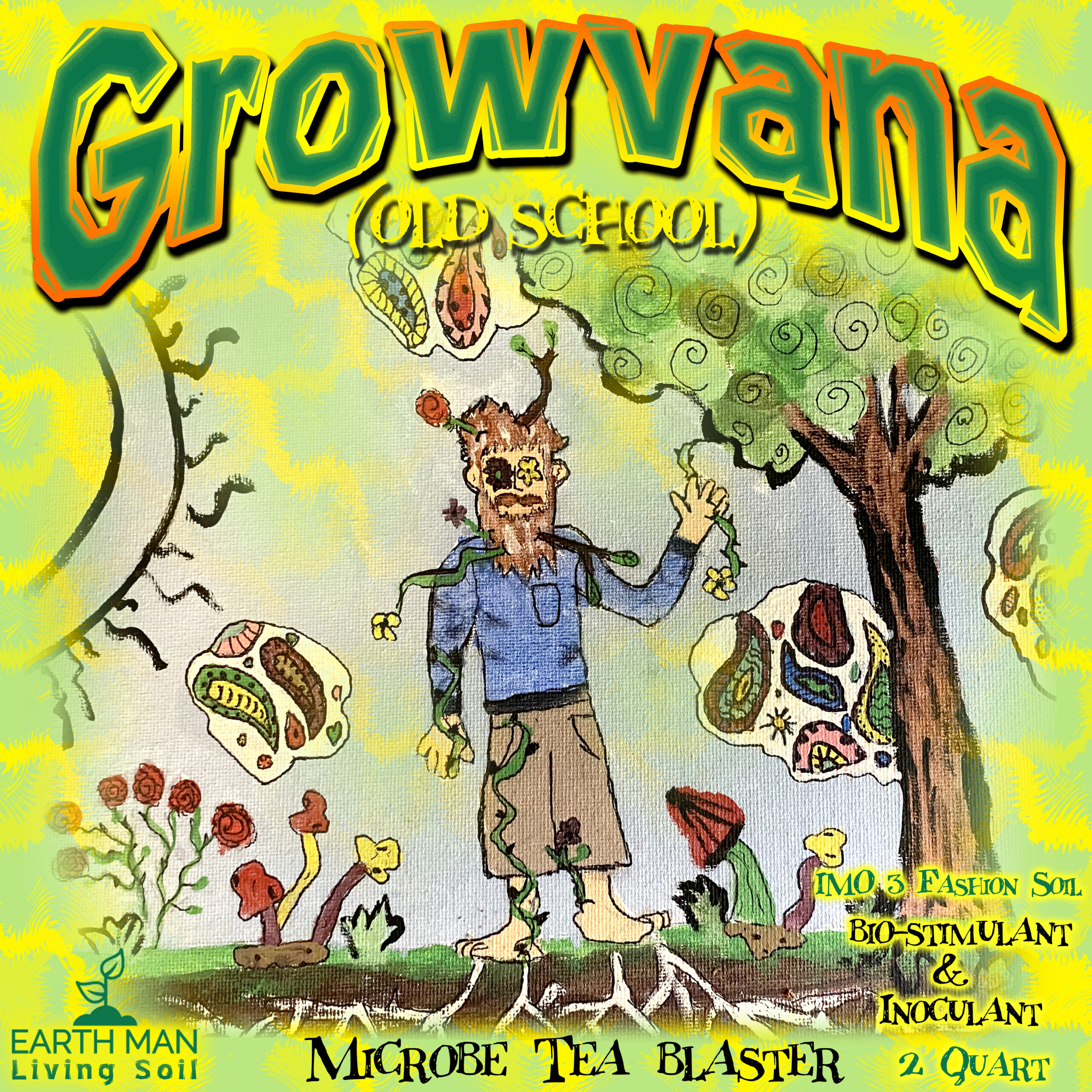 This picture has the following text. Growvana(title of product) Old School. 2oz quarts. IMO 3 Fashion. Soil Bio-stimulant & Inoculant. ,Now with Kabloom & Massive W/ Nano Technology. The picture features, earth, man, waving with a tree and groovy symbols behind him on clouds. It is bright green bordered. With a natural color tone to the earth man imagery beneath the border. The text title is featured in bright green font with a yellow and gold border.