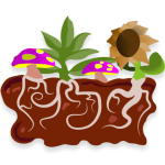 An icon for Earthman’s Living Soil featuring a patch of soil with two mushrooms, a sunflower, and a marijuana plant. The design showcases groovy pink, green, and yellow tones, reflecting a vibrant and organic aesthetic