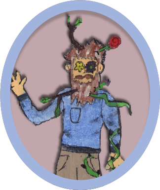 A painted cartoon depiction of EarthMan from EarthMan’s Living Soil. EarthMan, half plant and half man, is smiling and waving warmly. He is surrounded by vibrant vines growing out of and around him, emphasizing a groovy color scheme of blue, brown, green, and red. The image has a light brown background with a circular blue outline framing the composition, which is set within a clipping mask for a clean, circular design. The style is friendly and cartoonish, highlighting the connection between nature and humanity.